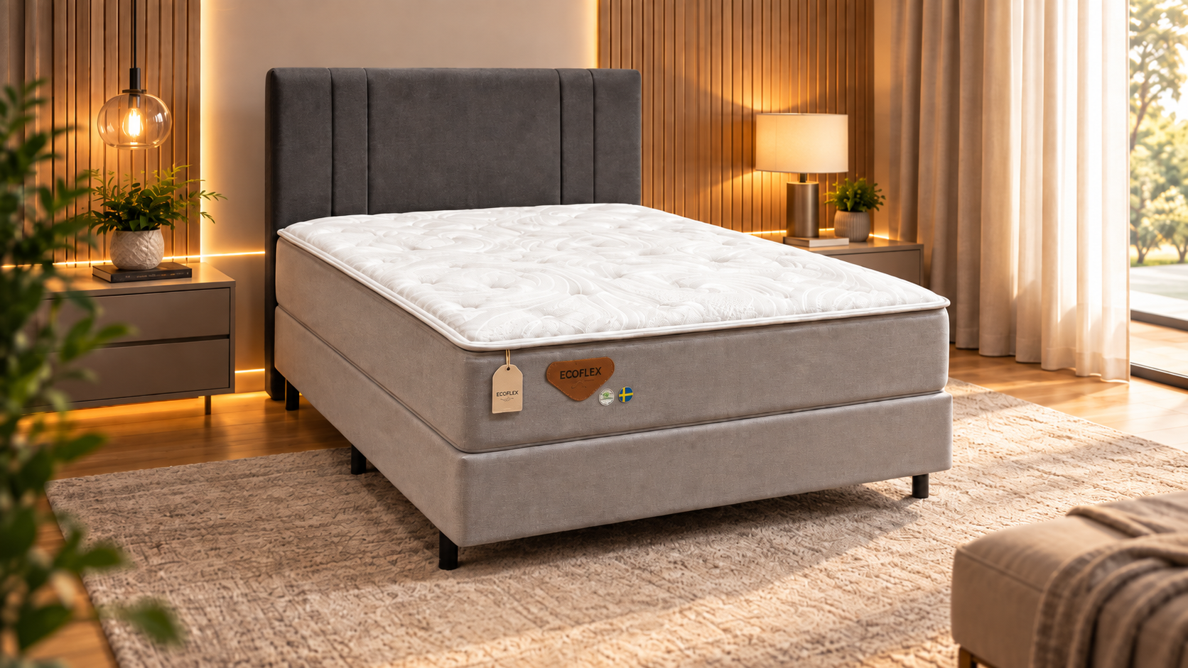 Colchão Ecoflex em quarto com cabeceira estofada
